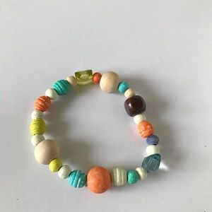 Bracelet, natural wood and acrylic beads, blue, teal, orange, yellow
